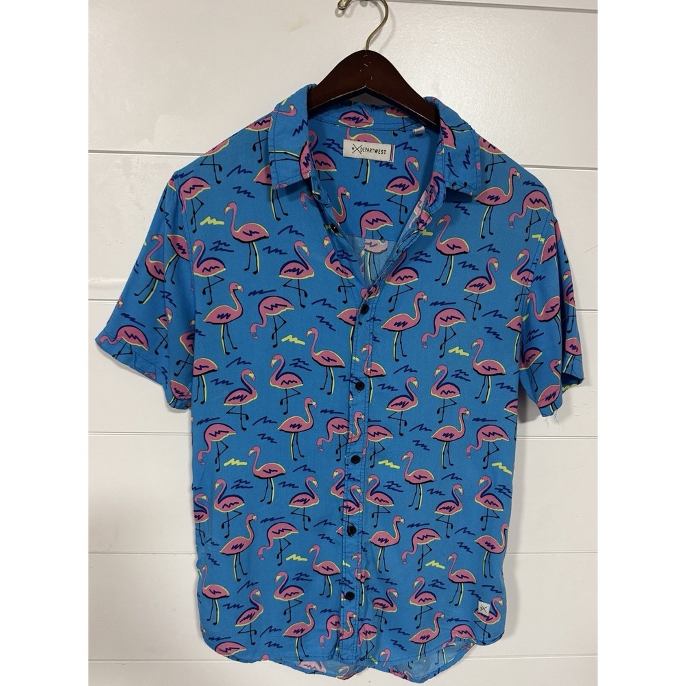 Depart West Lightweight Men's M Blue Flamingo Button Up Short Sleeve‎ Summer